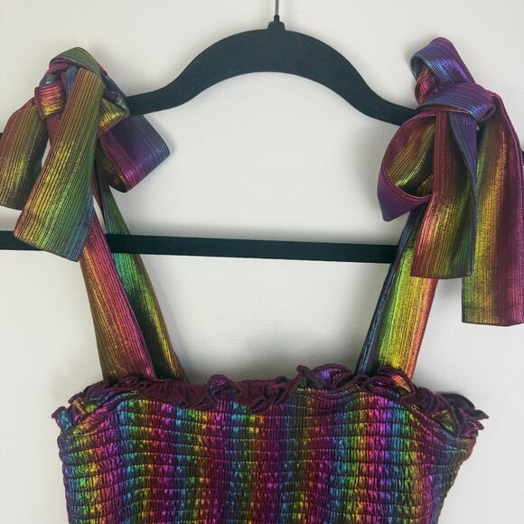 TCEC Womens Tie Strap Rainbow Metallic Cropped Smocked Multicolored Top Small - Picture 3 of 8